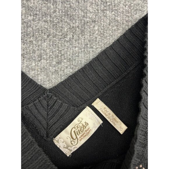 Guess Sweater Womens Small Black V-Neck Rhinestone Logo Ribbed Knit Pullover - Picture 3 of 9